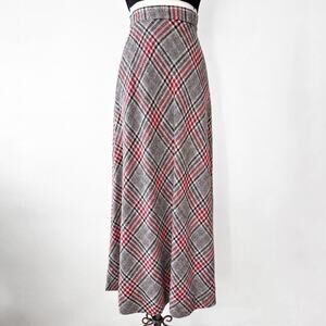 Vintage High Waist Plaid Maxi Skirt Size 13/14 Red Black White Knit Academia